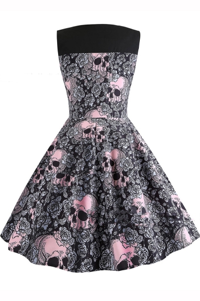 Halloween Vintage Skull Floral Printed Round Neck Sleeveless Midi Fit and Flare Dress