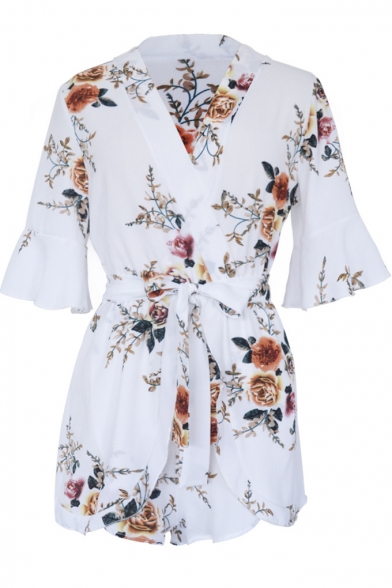 Holiday Fashion Floral Printed V-Neck Half Sleeve Tie Waist Rompers