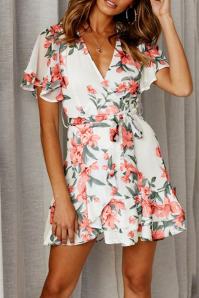 Hot Fashion Short Sleeve V-Neck Floral Print Tied Waist Mini A-Line Dress