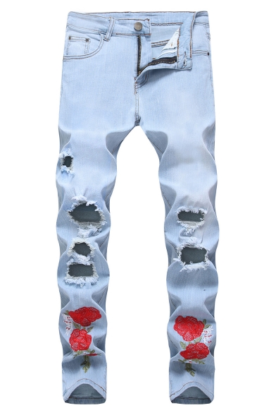 Men's Fashion Floral Embroidery Cut Up Slim Fit Light Blue Ripped Jeans with Holes