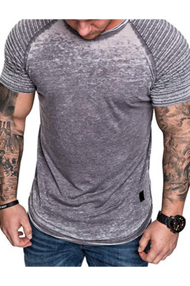 Men's Hip Hop Style Distressed Pleated Shoulder Short Sleeve Plain Fitness T-Shirt