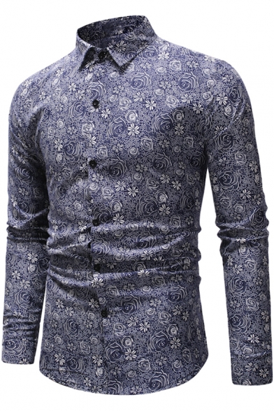 Men's New Trendy Floral Printed Long Sleeve Slim Fit Button Front Shirt