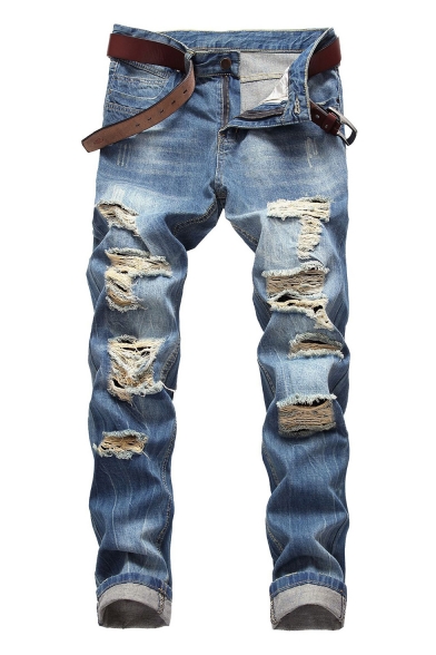 Men's Retro Bleach Wash Straight Fit Light Blue Ripped Jeans