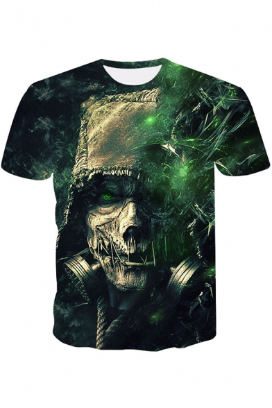 Men's Stylish 3D Skull Figure Printed Short Sleeve Green Loose Fit T-Shirt