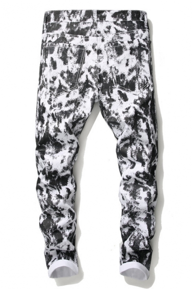 Men's Trendy Cool Leopard Printed Rolled Cuff Stretch Fit Black and White Jeans