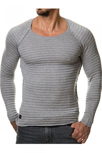 Mens Basic Simple Plain Round Neck Long Sleeve Slim Fit Knitted T-Shirt