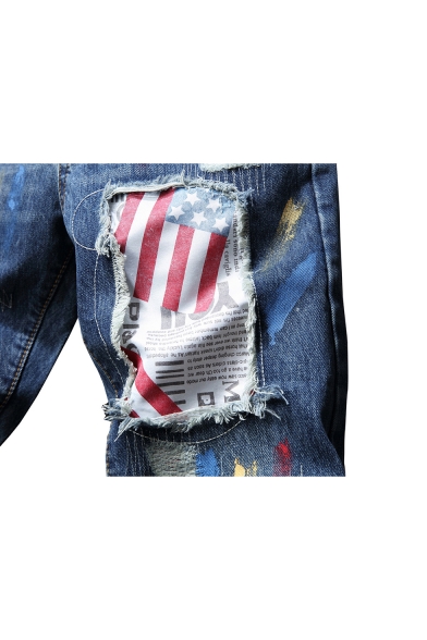 Mens Hip Hop Style Cool Spray Flag Printed Light Blue Ripped Jeans