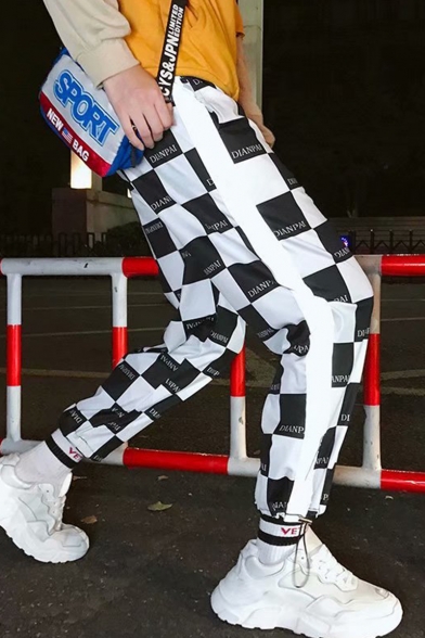 Mens Hip Hop Style Fashion Letter Check Printed Reflecting Tape Patched Drawstring-Waist Loose Casual Track Pants