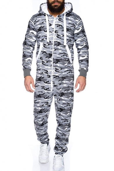 Mens New Stylish Camo Printed Long Sleeve Hooded Zip Up Loose Casual Lounge Jumpsuits