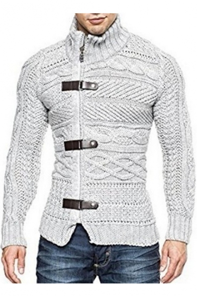 Mens New Stylish Obique Zip Button Front Cable Knit Plain Sweater Cardigan