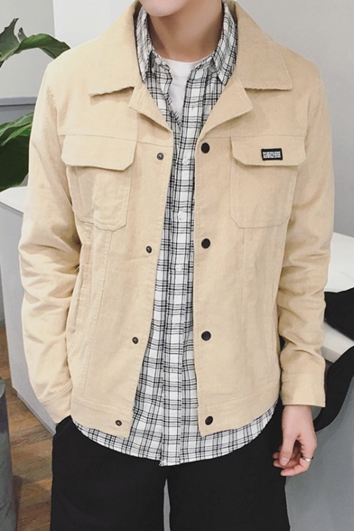 Mens New Trendy Solid Color Long Sleeve Flap Pocket Front Button Down Corduroy Coat Jacket
