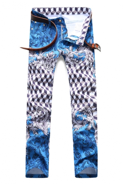 Mens Nightclub Fashion Printed Stretch Fitted Casual Blue Jeans