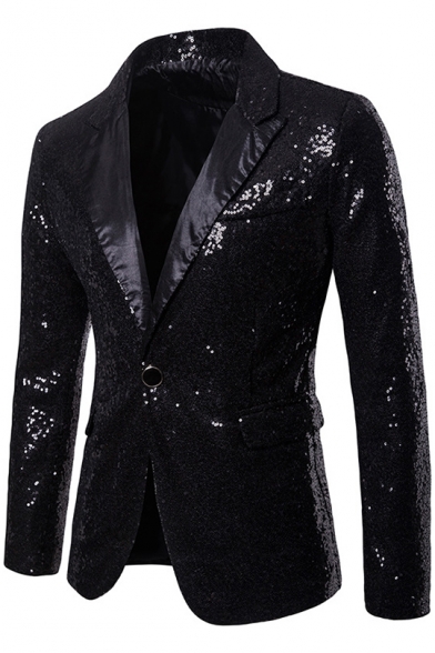 Mens Nightclub Peaked Lapel Long Sleeve Single Button Sequins Prom Tuxedo Suit