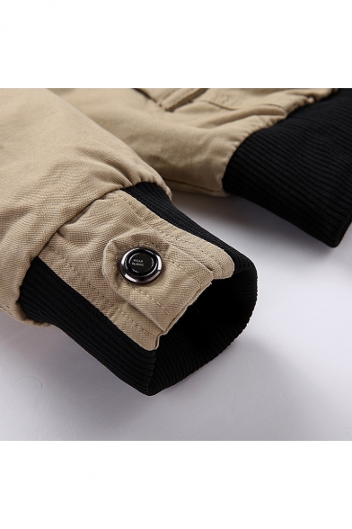 Mens Plain Stand-Up Collar Epaulet Details Long Sleeve Zip Up Slim Cotton Jacket