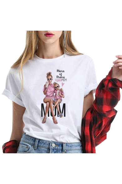 Mother's Day Theme Fashion Figure Printed Round Neck Short Sleeve White T-Shirt