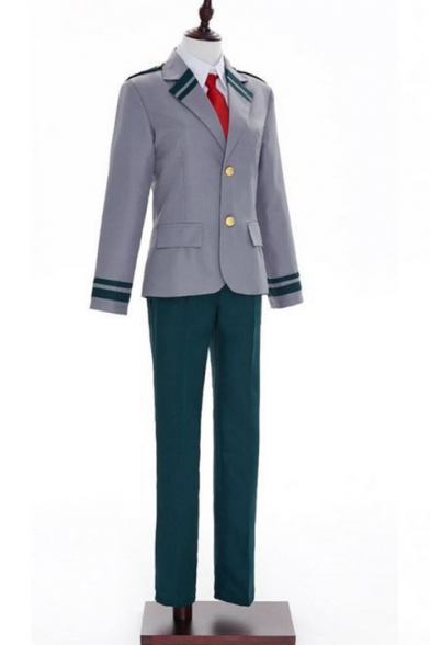 Cosplay Costume Stripes Printed Notched Lapel Collar Single Breasted Coat Straight Pants Gray Co-ords