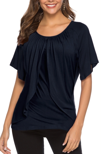 New Fashion Plain Round Neck Short Sleeve Loose Casual T-Shirt for Women