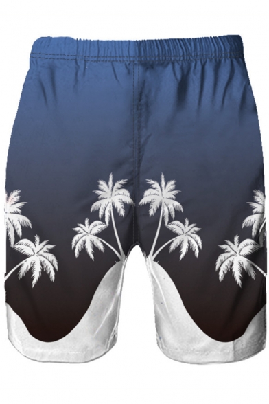 New Stylish Coconut Tree Printed Color Block Elastic-Waist Navy Swim Trunks for Men