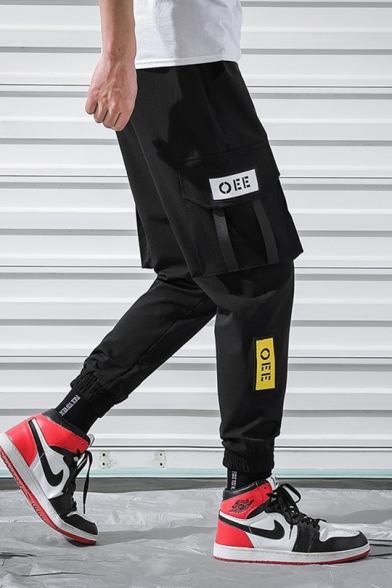 New Stylish Simple Letter OEE Tape Pocket Side Black Sport Cargo Pants Trousers