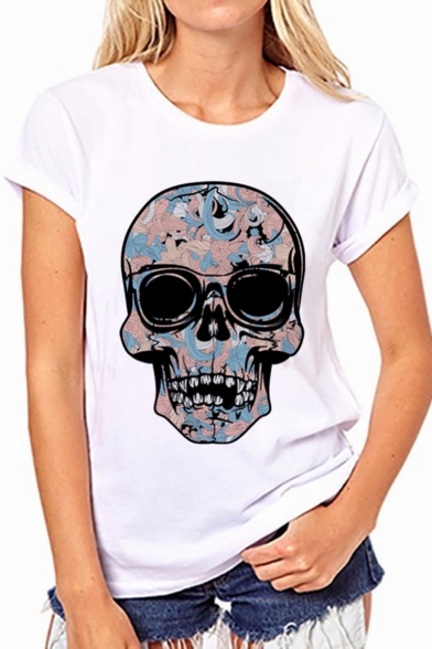 New Trendy Cool Skull Printed Round Neck Short Sleeve Relaxed White T-Shirt