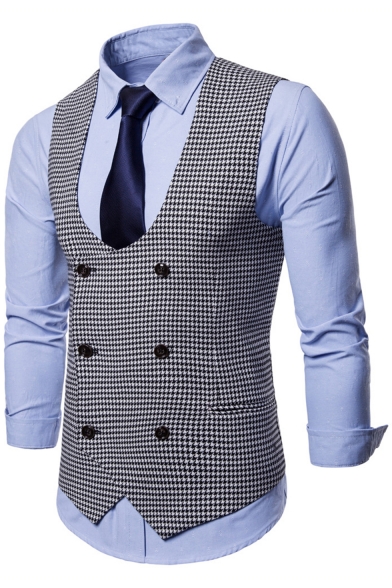 New Trendy Houndstooth Printed Double Breasted Belt Design Mens Waistcoat