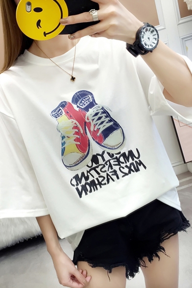 New Trendy Letter Shoes Printed Summer Loose Fit Short Sleeve T-Shirt