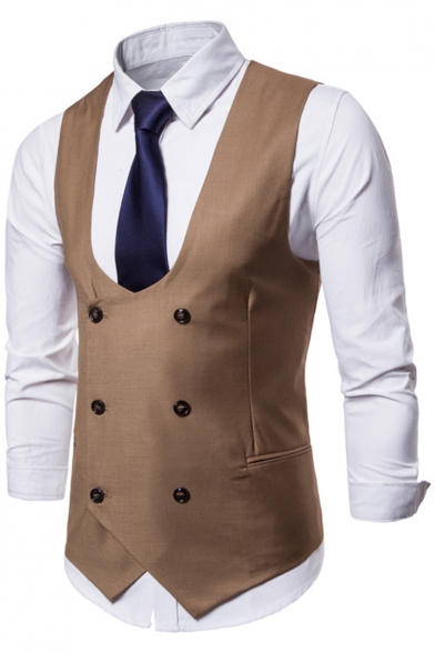 New Trendy Solid Color Double Breasted Collarless Suit Vest for Men
