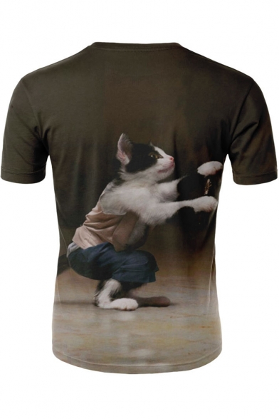 Popular 3D Cat Printed Round Neck Short Sleeve Leisure Brown T-Shirt