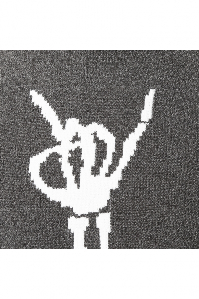 Popular Cool Skull Hand Gesture Print Mens Crewneck Long Sleeve Fitted Knit Jumper for Men
