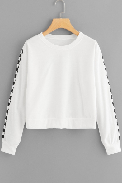 Popular Plaid Printed Long Sleeve Loose Casual Cropped Sweatshirt