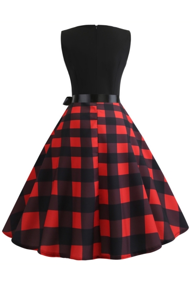 Retro Check Printed Color Block Sleeveless Bow-Tied Waist Midi Fit and Flared Dress