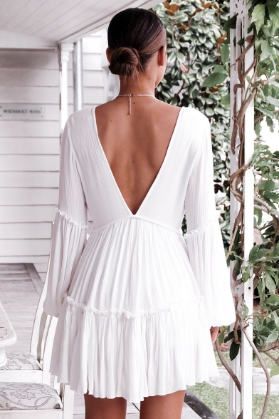 Sexy Plunge V-Neck Long Sleeve Ruffle Trim White Mini A-Line Dress