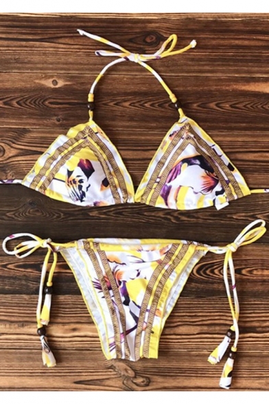 Sexy Women's Ethnic Tribal Printed Spaghetti Straps Tied Sides String Yellow Bikinis