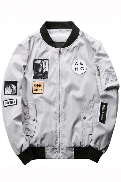 Simple Letter AENC Applique Patched Stand-Collar Mens Zip Up Bomber Jacket