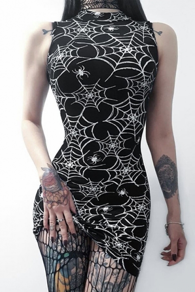 

Stylish Spider Web Printed Mock Neck Sleeveless Black Mini Bodycon Dress, LC510670