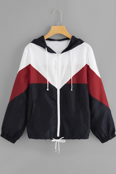 Stylish Zip Closure Color Block Long Sleeve Drawstring Hoodies Windbreaker Jacket