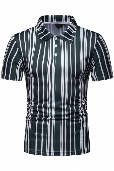 Summer Fashion Colorblock Vertical Striped Short Sleeve Slim Fit Polo Shirt for Men