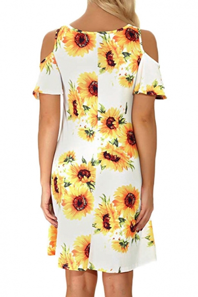 Summer Retro Floral Printed Cold Shoulder Short Sleeve Mini A-Line Dress