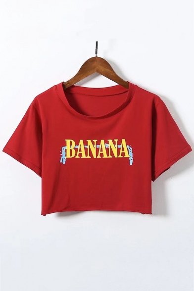 Summer Trendy Loose Fit Letter BANANA Printed Round Neck Cropped Top
