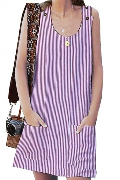 Trendy Classic Stripes Printed Buttons Patch Straps Sleeveless Mini Overall Dress