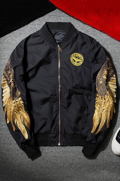 Trendy Gold Wing Embroidery Long Sleeve Stand-Collar Zip Up Unisex Bomber Jacket
