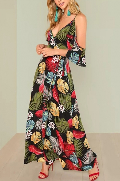 Women's Sexy V-Neck Cold Shoulder Floral Tropical Printed Split Hem Floor Length Beach Dress