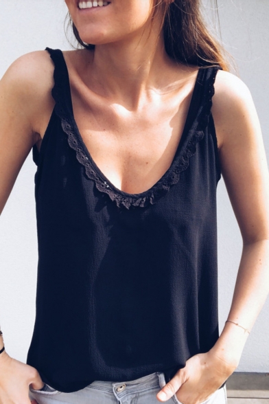 Women Summer Lace-Trim Solid Sleeveless Multiple-Way Button Up Tank Tops