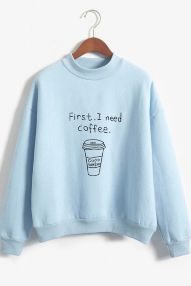 Cartoon Coffee Letter Pattern Long Sleeve Mock Neck Loose Sweatshirt