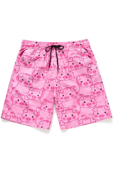 Cartoon Cute Pigs Pattern Drawcord Fast Drying Flap Pocket Back Pink Casual Swim Trunks