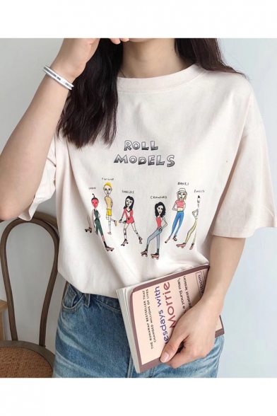 Cartoon Figure Letter ROLL MODELS Printed Short Sleeve Round Neck Casual T-Shirt