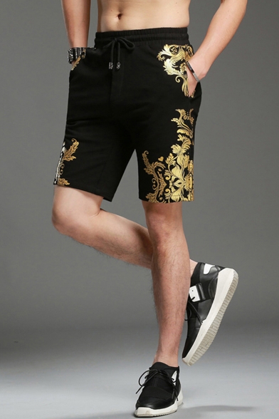 Chinese Style Floral Gold Stamp Printed Drawstring Waist Mens Black Cotton Relaxed Shorts