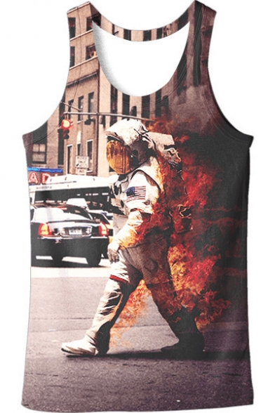 Cool 3D Firefighter Figure Printed Sleeveless Casual Khaki Tank Top for Guys