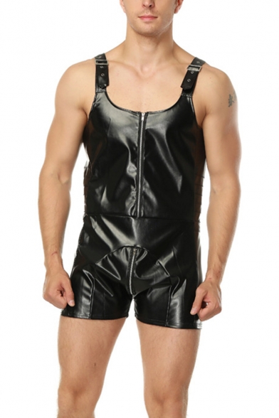 Cool Black PU Leather Sleeveless Mens Rompers Zipper Jumpsuit Party Overalls Sexy Clubwear