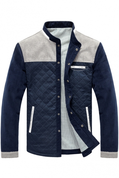 Cool Diamond Lattice Long Sleeve Stand Collar Colorblock Press-Stud Closure Corduroy Jacket for Men